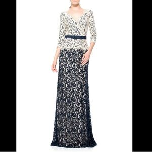 Tadashi Shoji LACE ¾ SLEEVE V-NECK GOWN WITH GROSGRAIN RIBBON BELT - Reemoly